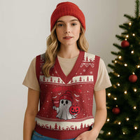 Red October Halloween Ghost V-Neck Knit Sweater Vest Philadelphia Spooky Pumpkin Baseball Fan - Wonder Print Shop