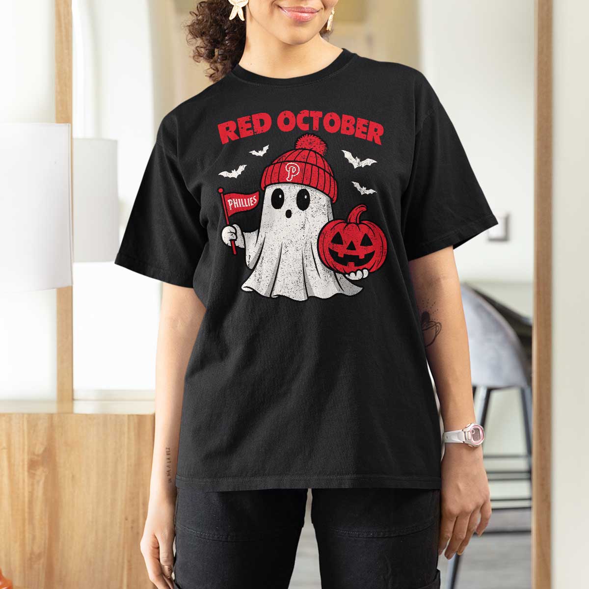 Red October Halloween Ghost T Shirt For Women Philadelphia Spooky Pumpkin TS10