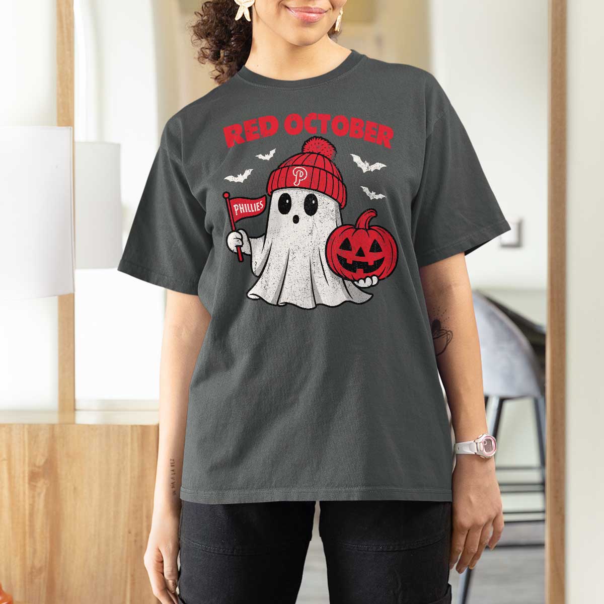 Red October Halloween Ghost T Shirt For Women Philadelphia Spooky Pumpkin TS10