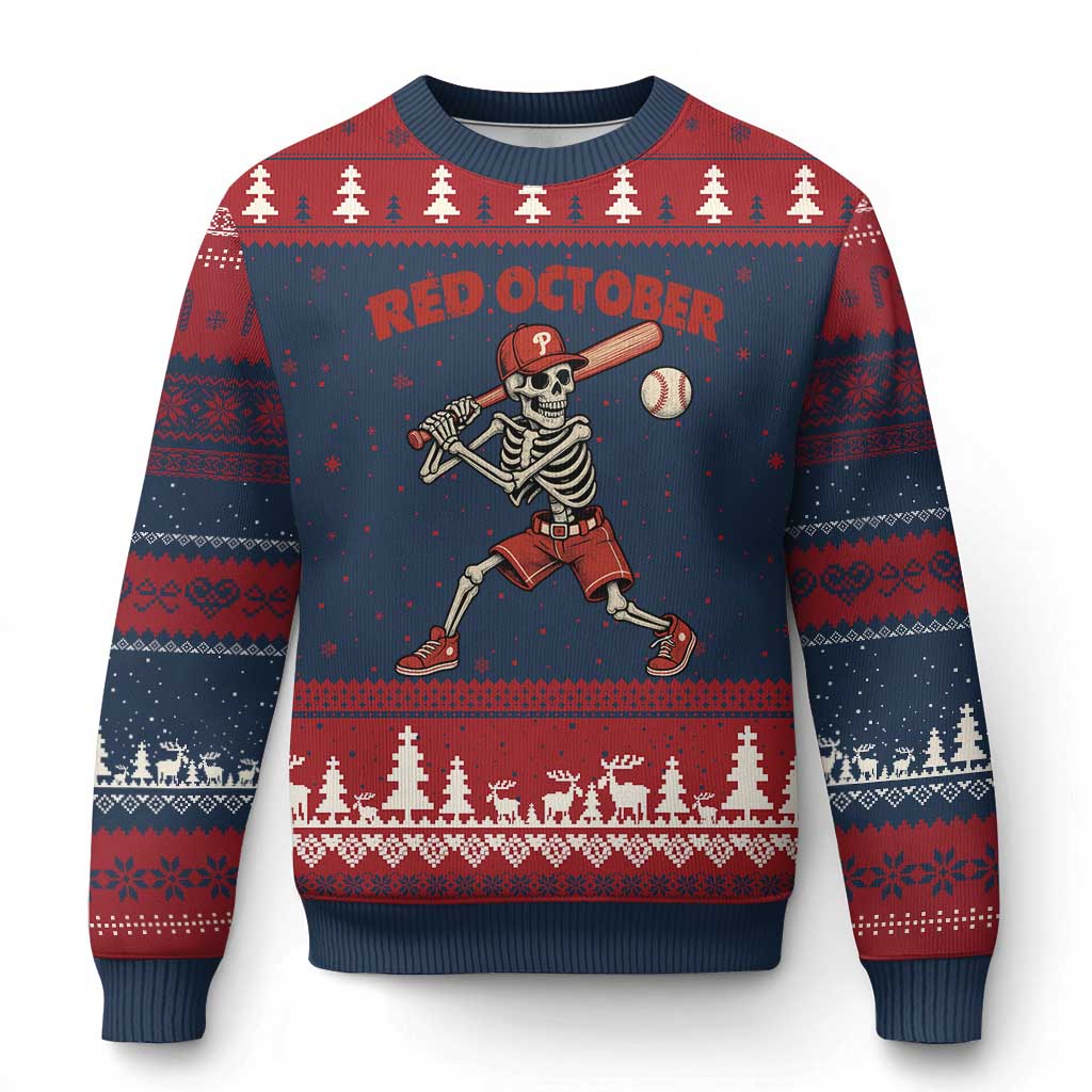 Red October Skeleton Baseball Ugly Christmas Sweater Philadelphia Halloween Costume Funny - Wonder Print Shop