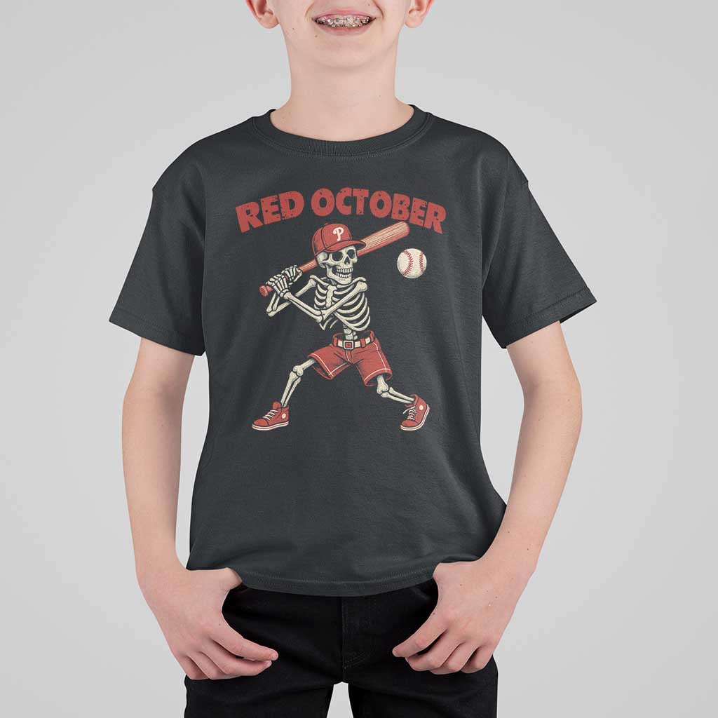 Red October Skeleton Baseball T Shirt For Kid Philadelphia Halloween Costume Funny - Wonder Print Shop