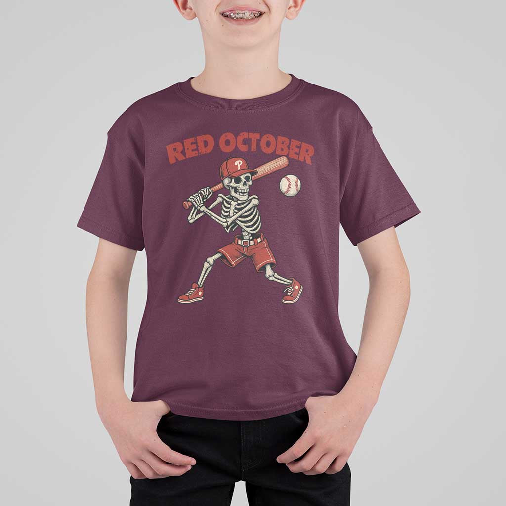 Red October Skeleton Baseball T Shirt For Kid Philadelphia Halloween Costume Funny - Wonder Print Shop