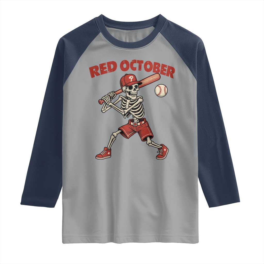 Red October Skeleton Baseball Raglan Shirt Philadelphia Halloween Costume Funny - Wonder Print Shop