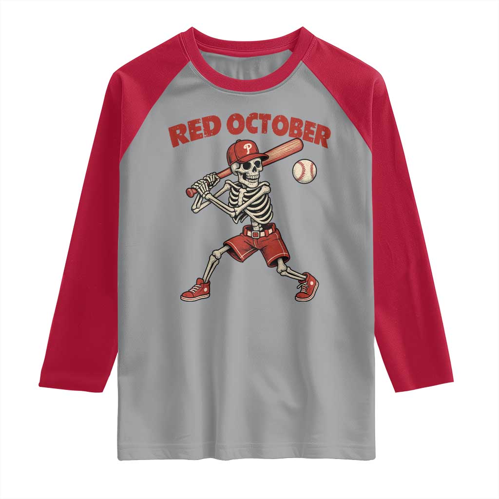 Red October Skeleton Baseball Raglan Shirt Philadelphia Halloween Costume Funny - Wonder Print Shop