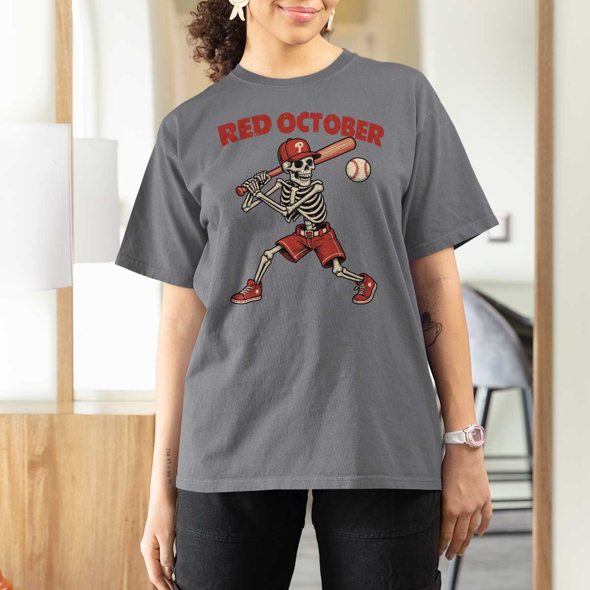 Red October Skeleton Baseball T Shirt For Women Philadelphia Halloween Costume Funny - Wonder Print Shop