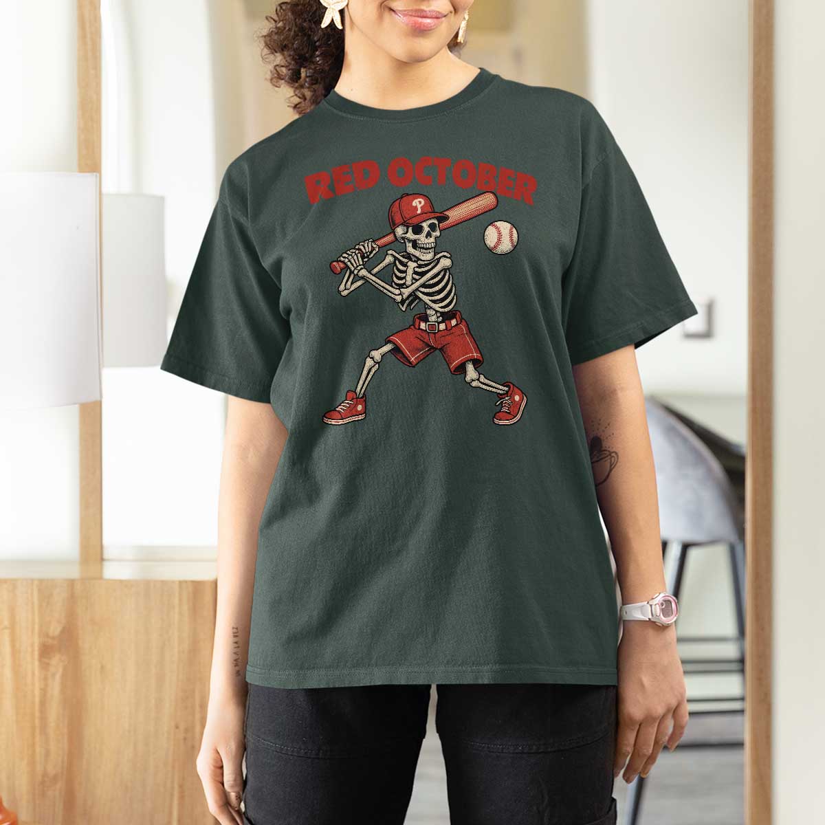 Red October Skeleton Baseball T Shirt For Women Philadelphia Halloween Costume Funny - Wonder Print Shop