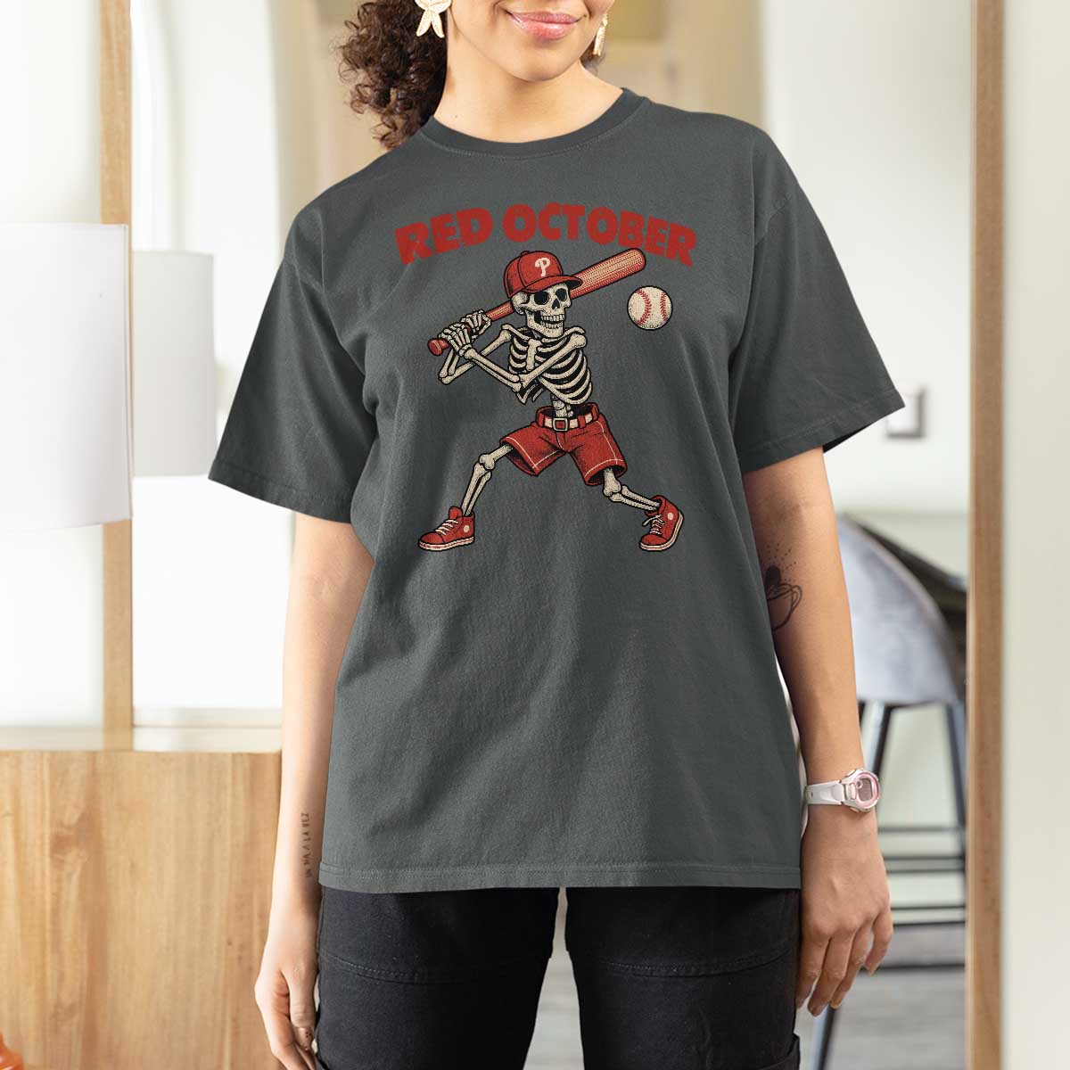 Red October Skeleton Baseball T Shirt For Women Philadelphia Halloween Costume Funny - Wonder Print Shop