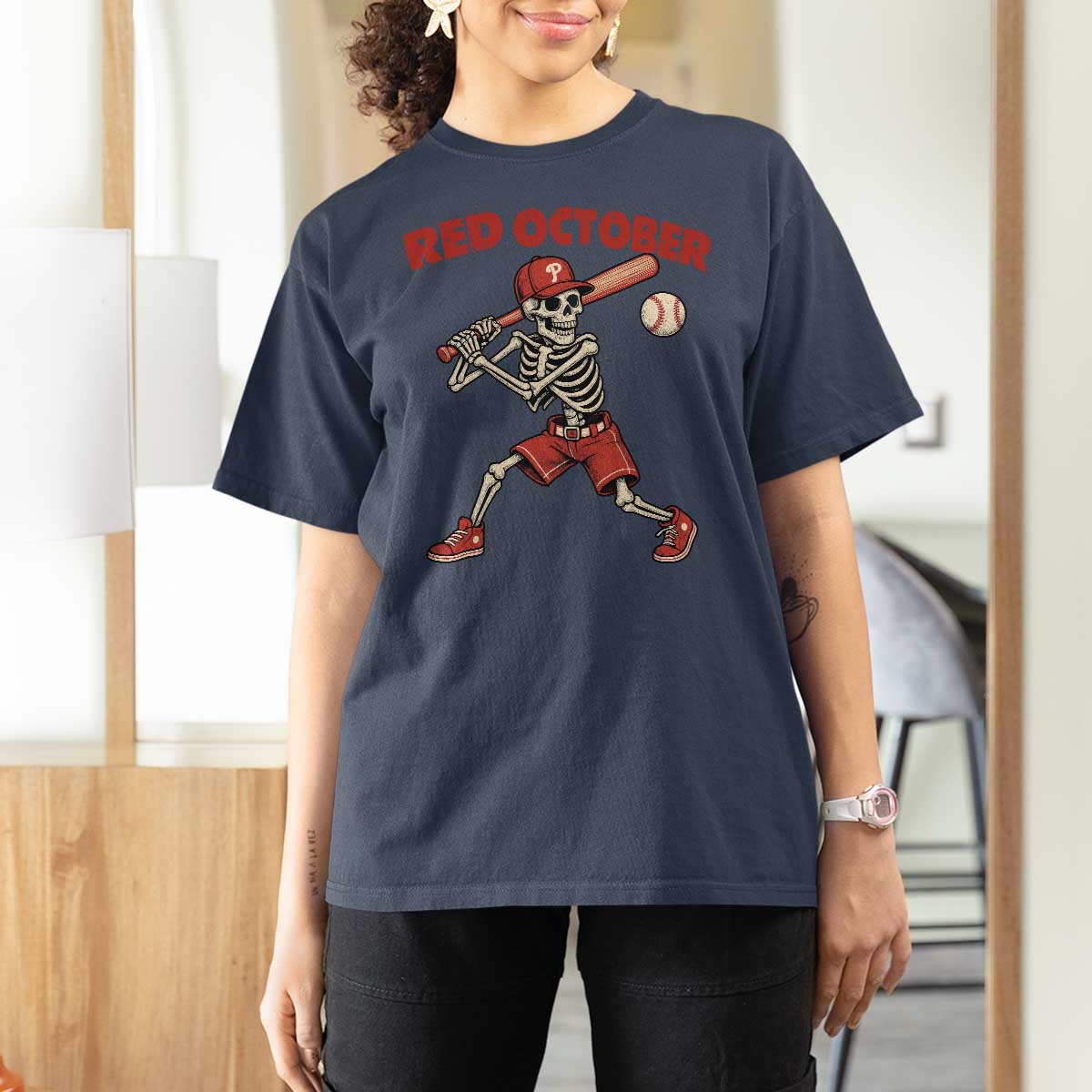 Red October Skeleton Baseball T Shirt For Women Philadelphia Halloween Costume Funny - Wonder Print Shop