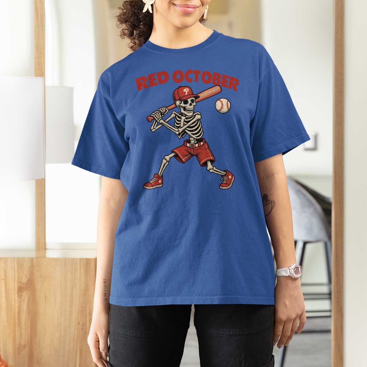 Red October Skeleton Baseball T Shirt For Women Philadelphia Halloween Costume Funny - Wonder Print Shop