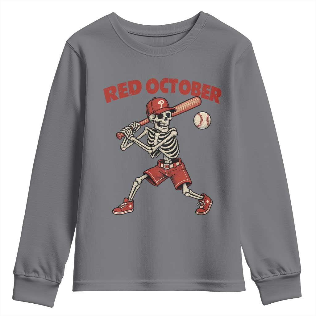 Red October Skeleton Baseball Youth Sweatshirt Philadelphia Halloween Costume Funny - Wonder Print Shop