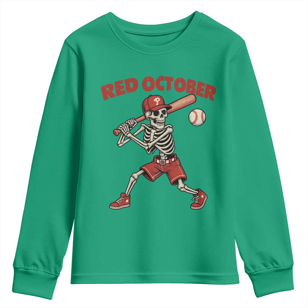 Red October Skeleton Baseball Youth Sweatshirt Philadelphia Halloween Costume Funny - Wonder Print Shop