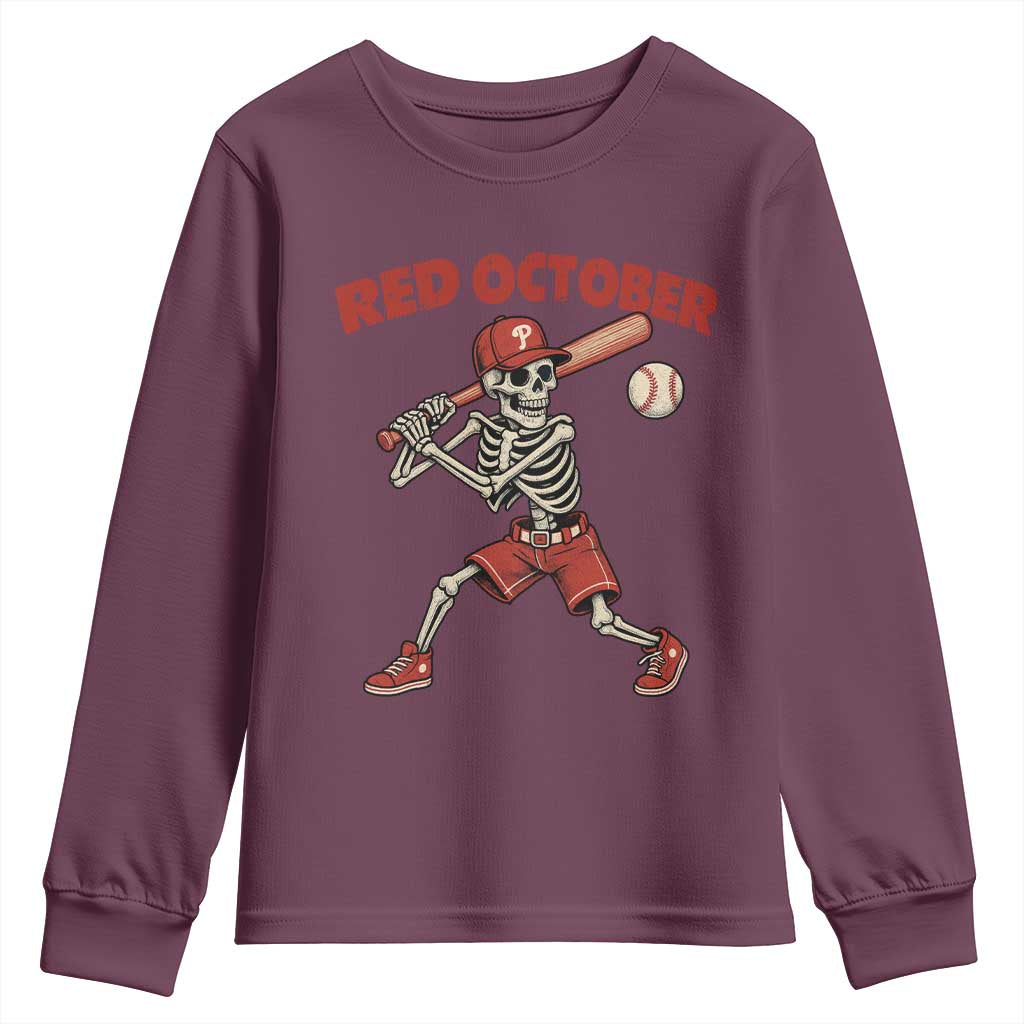 Red October Skeleton Baseball Youth Sweatshirt Philadelphia Halloween Costume Funny - Wonder Print Shop