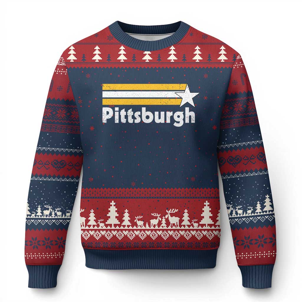 Retro Pittsburgh Ugly Christmas Sweater Vintage Pennsylvania Stripes 70s 80s 90s - Wonder Print Shop