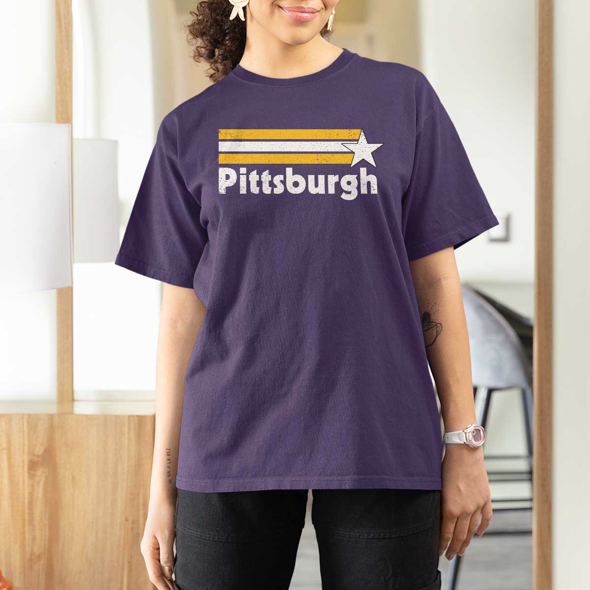 Retro Pittsburgh T Shirt For Women Vintage Pennsylvania Stripes 70s 80s 90s - Wonder Print Shop