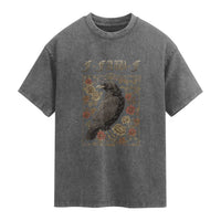Funny F Caw F Crow Washed Cotton T-Shirt Vintage Bird Saying Adult Humor Gothic Tarot Card