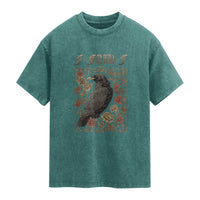 Funny F Caw F Crow Washed Cotton T-Shirt Vintage Bird Saying Adult Humor Gothic Tarot Card
