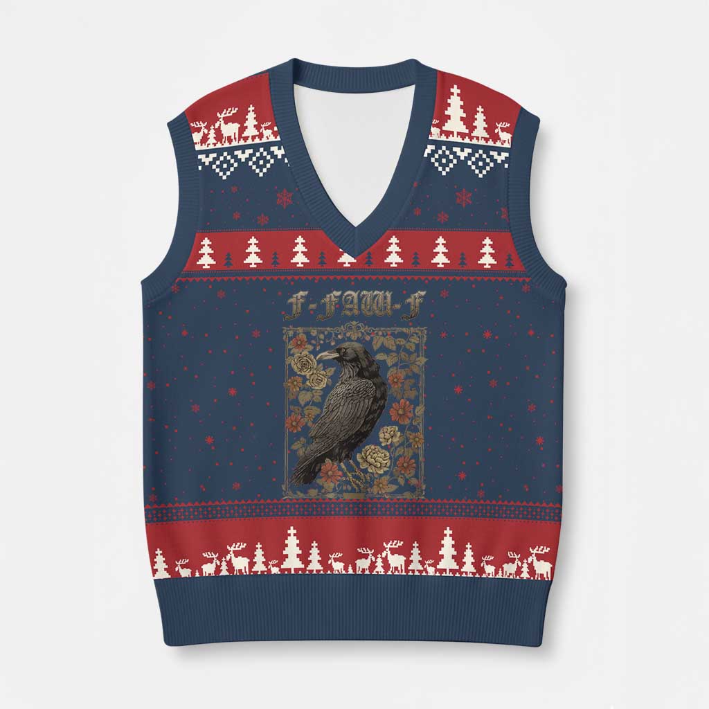Funny F Caw F Crow V-Neck Knit Sweater Vest Vintage Bird Saying Adult Humor Gothic Tarot Card - Wonder Print Shop