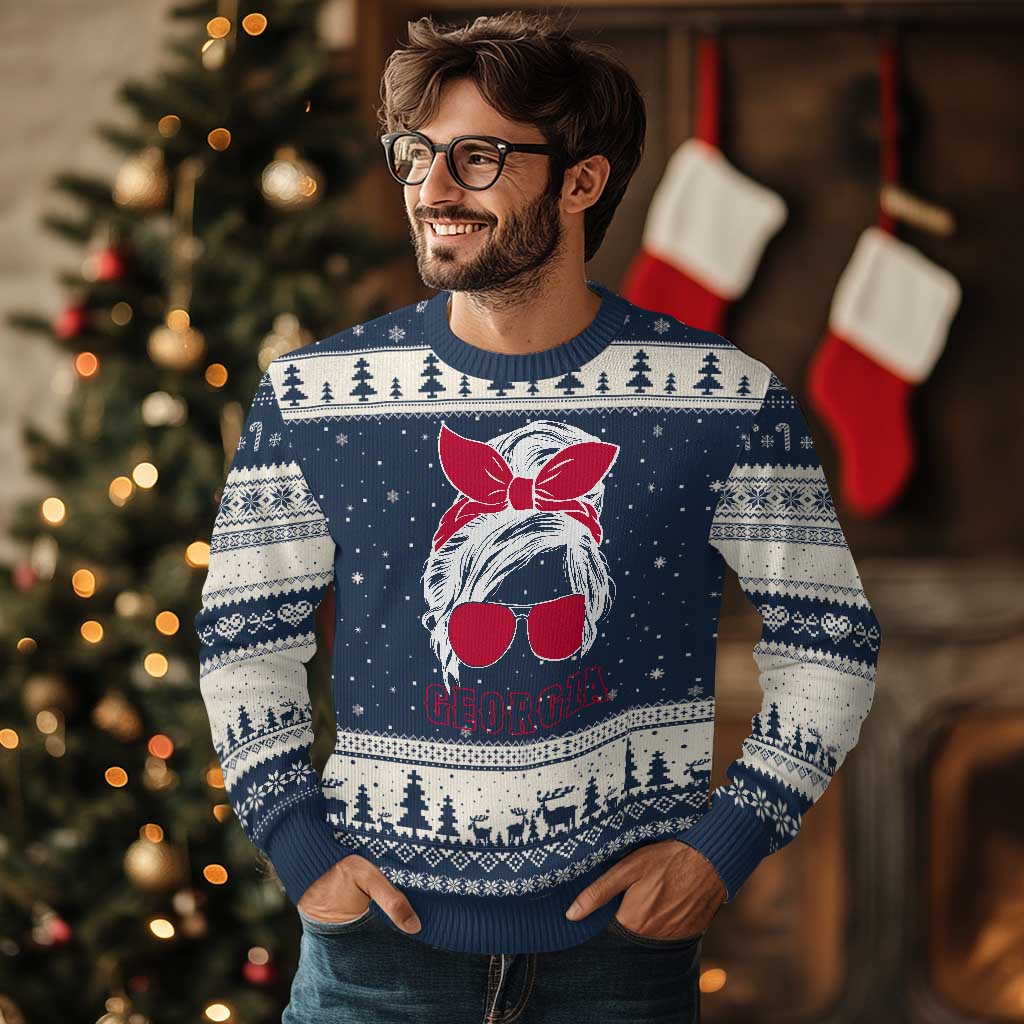Georgia Lovers Ugly Christmas Sweater Bulldogs Game Day Messy Bun - Wonder Print Shop