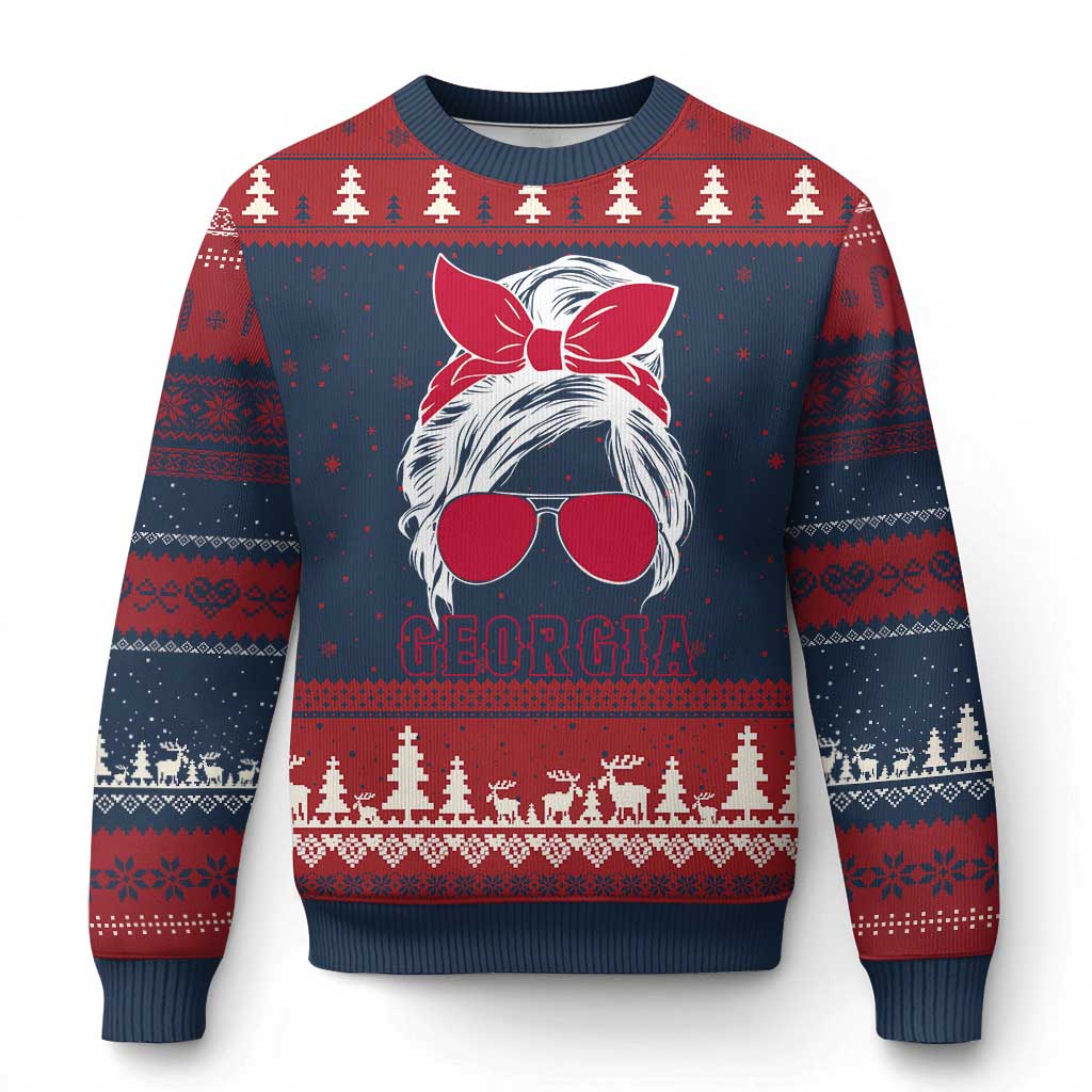 Georgia Lovers Ugly Christmas Sweater Bulldogs Game Day Messy Bun - Wonder Print Shop
