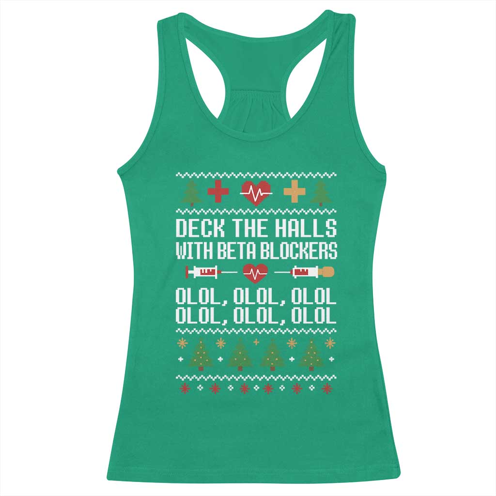 Funny Nurse Ugly Xmas Racerback Tank Top Deck The Hall With Beta Blockers - Wonder Print Shop