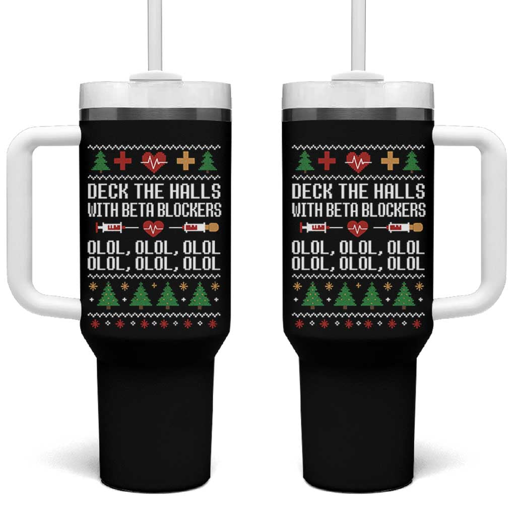 Funny Nurse Ugly Xmas Tumbler With Handle Deck The Hall With Beta Blockers - Wonder Print Shop