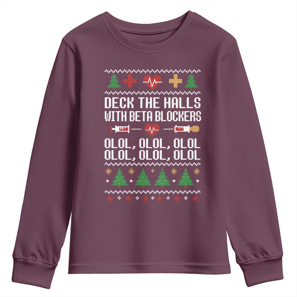 Funny Nurse Ugly Xmas Youth Sweatshirt Deck The Hall With Beta Blockers - Wonder Print Shop