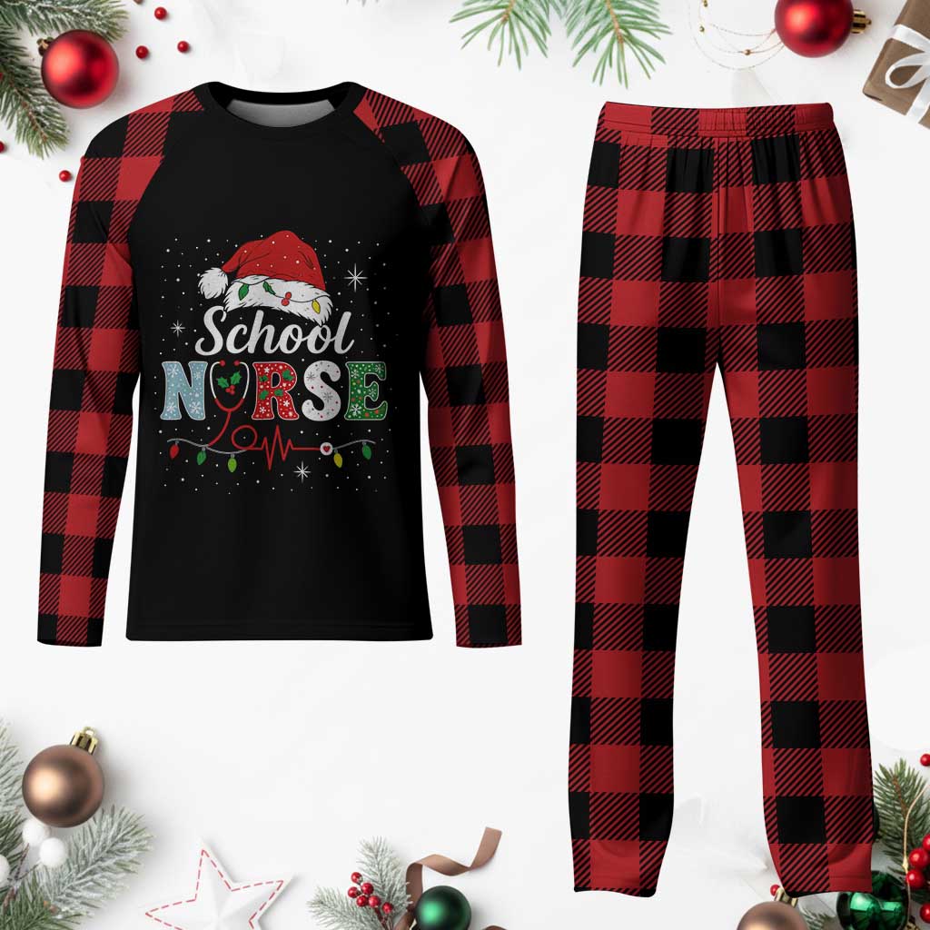 Christmas School Nurse Plaid Pajama Set Xmas Lights Red Santa Hat Crew Nurse - Wonder Print Shop