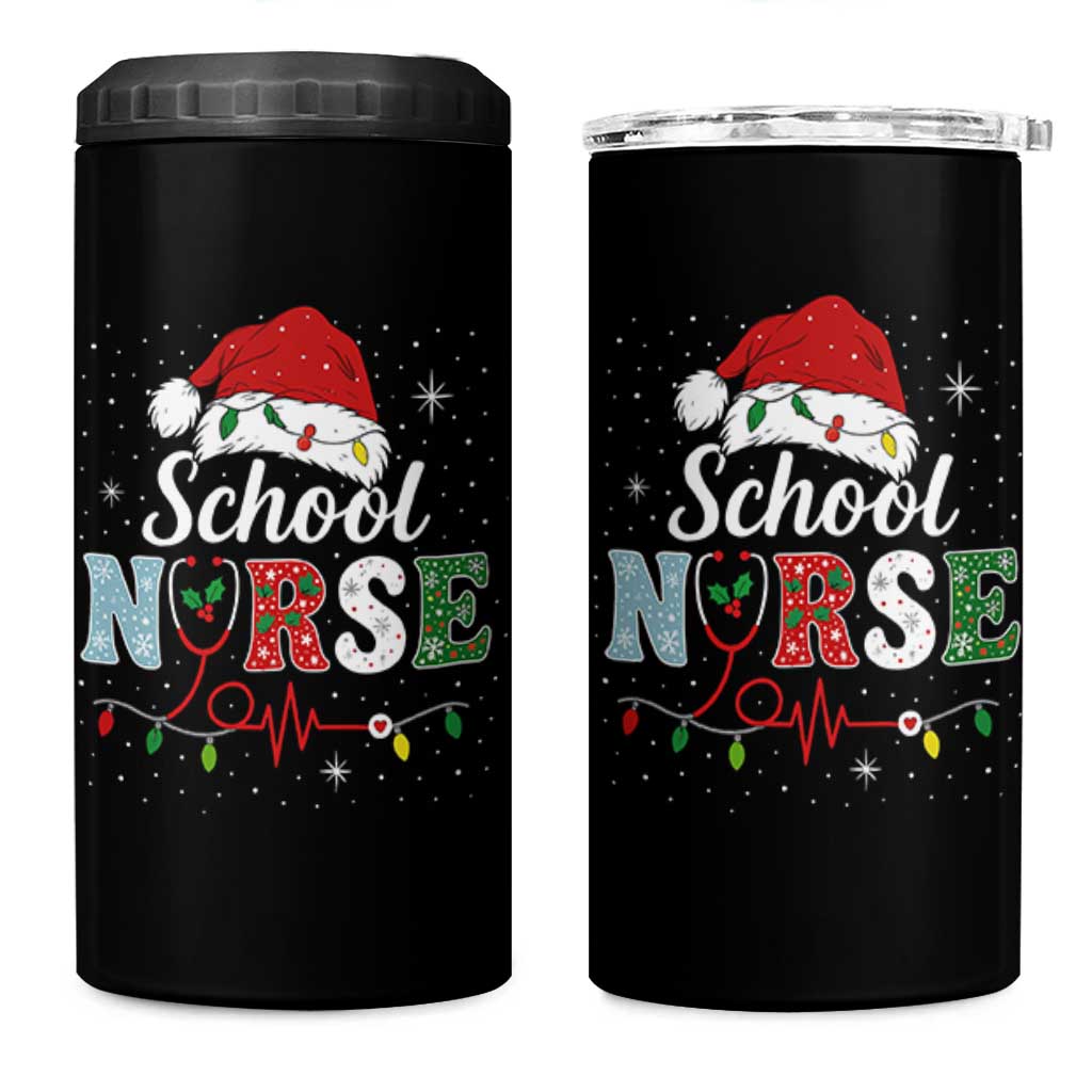 Christmas School Nurse 4 in 1 Can Cooler Tumbler Xmas Lights Red Santa Hat Crew Nurse - Wonder Print Shop