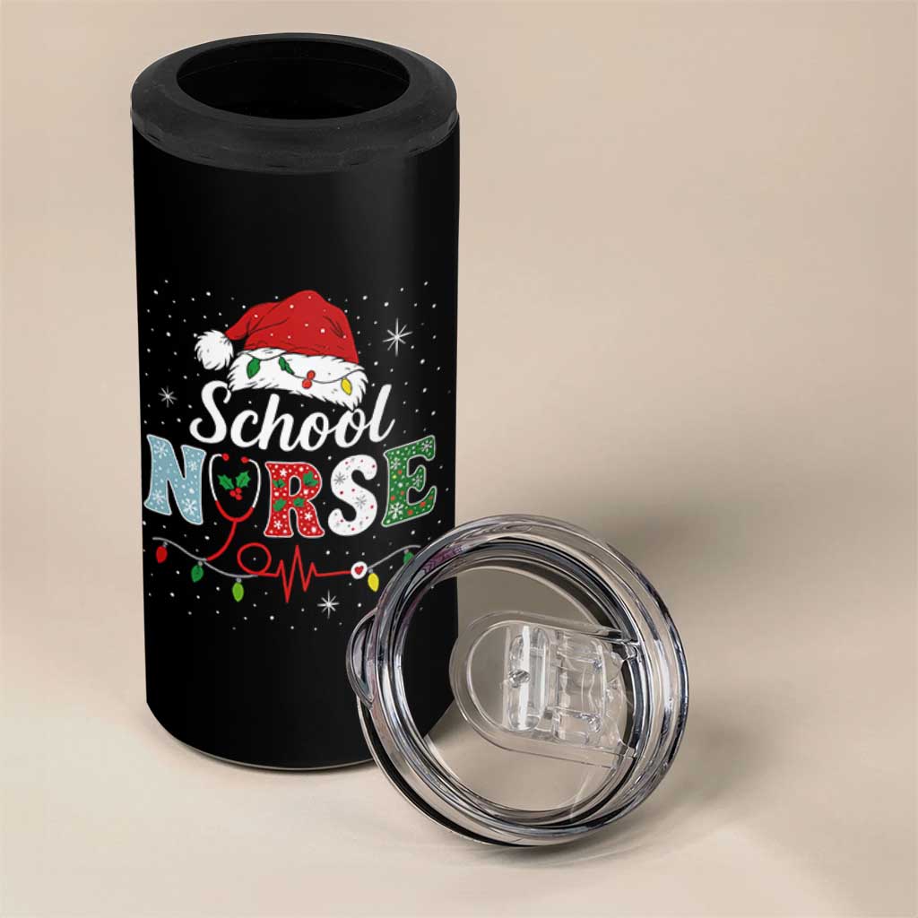 Christmas School Nurse 4 in 1 Can Cooler Tumbler Xmas Lights Red Santa Hat Crew Nurse - Wonder Print Shop