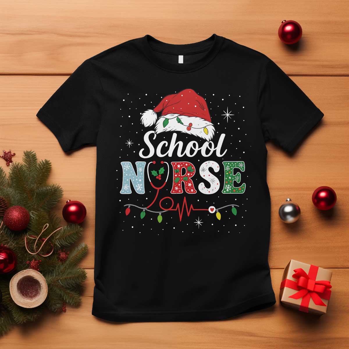 Christmas School Nurse T Shirt Xmas Lights Red Santa Hat Crew Nurse - Wonder Print Shop