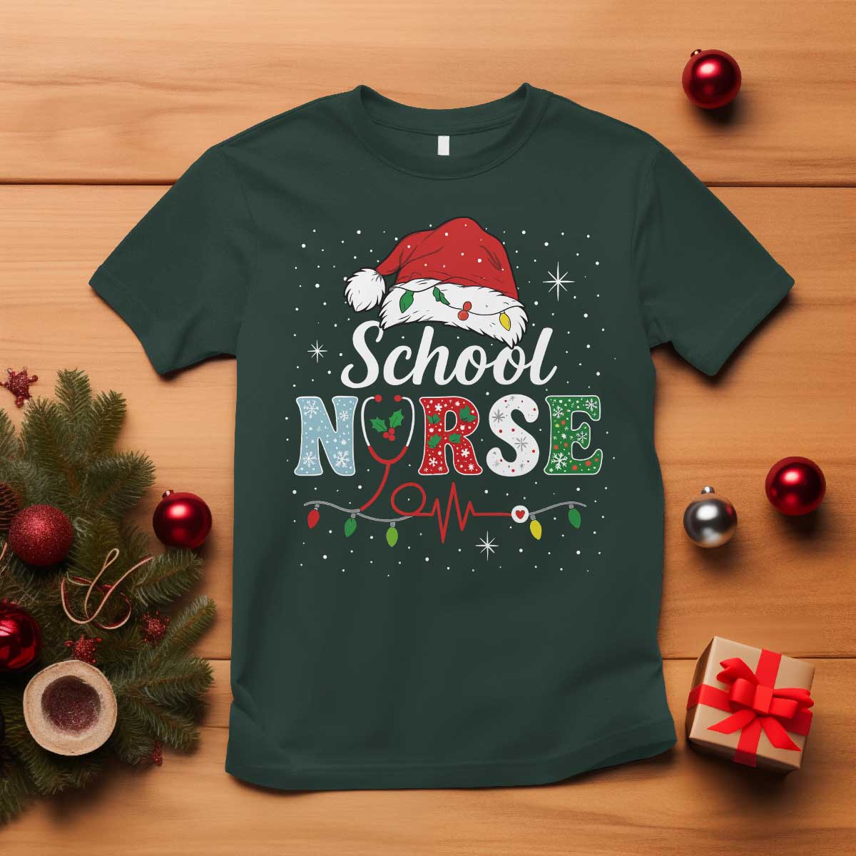 Christmas School Nurse T Shirt Xmas Lights Red Santa Hat Crew Nurse - Wonder Print Shop