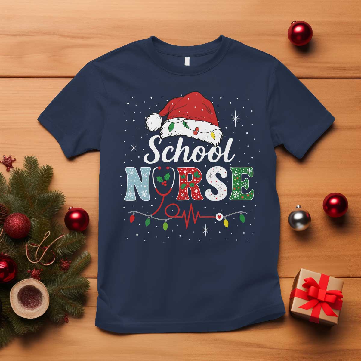 Christmas School Nurse T Shirt Xmas Lights Red Santa Hat Crew Nurse - Wonder Print Shop