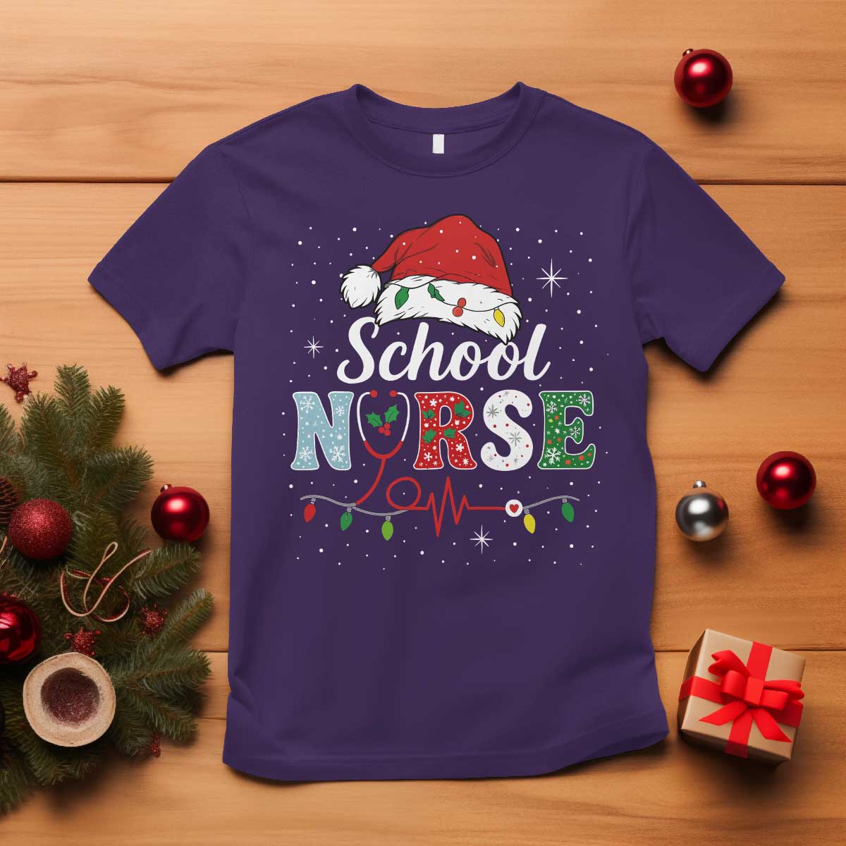 Christmas School Nurse T Shirt Xmas Lights Red Santa Hat Crew Nurse - Wonder Print Shop