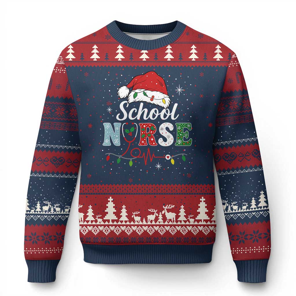 Xmas School Nurse Ugly Christmas Sweater Xmas Lights Red Santa Hat Crew Nurse - Wonder Print Shop