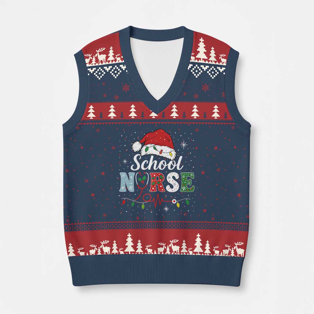 Xmas School Nurse V-Neck Knit Sweater Vest Xmas Lights Red Santa Hat Crew Nurse - Wonder Print Shop