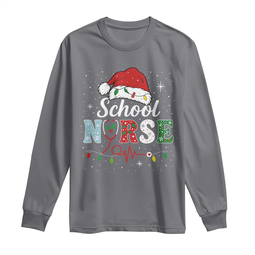 Christmas School Nurse Long Sleeve Shirt Xmas Lights Red Santa Hat Crew Nurse - Wonder Print Shop