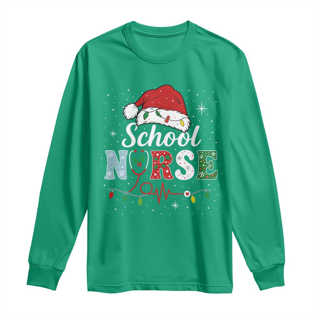 Christmas School Nurse Long Sleeve Shirt Xmas Lights Red Santa Hat Crew Nurse - Wonder Print Shop