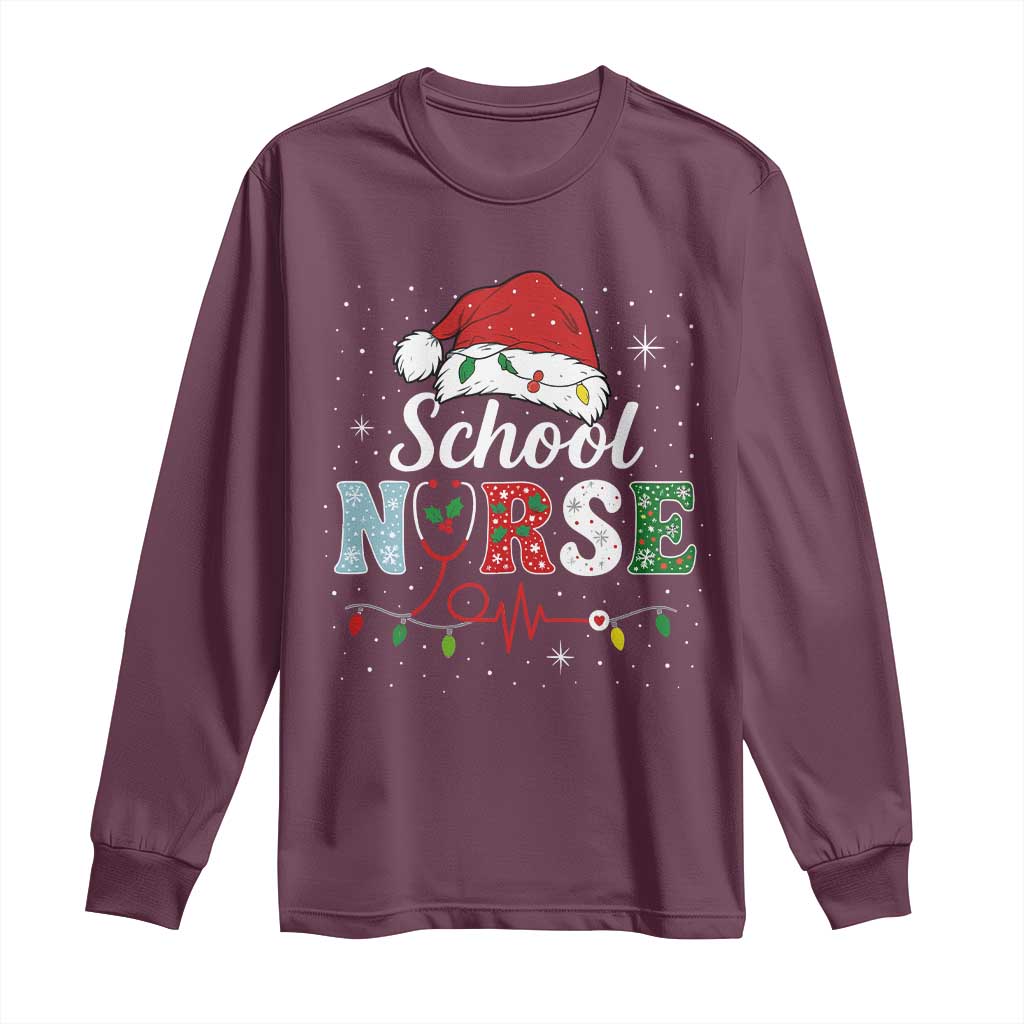 Christmas School Nurse Long Sleeve Shirt Xmas Lights Red Santa Hat Crew Nurse - Wonder Print Shop