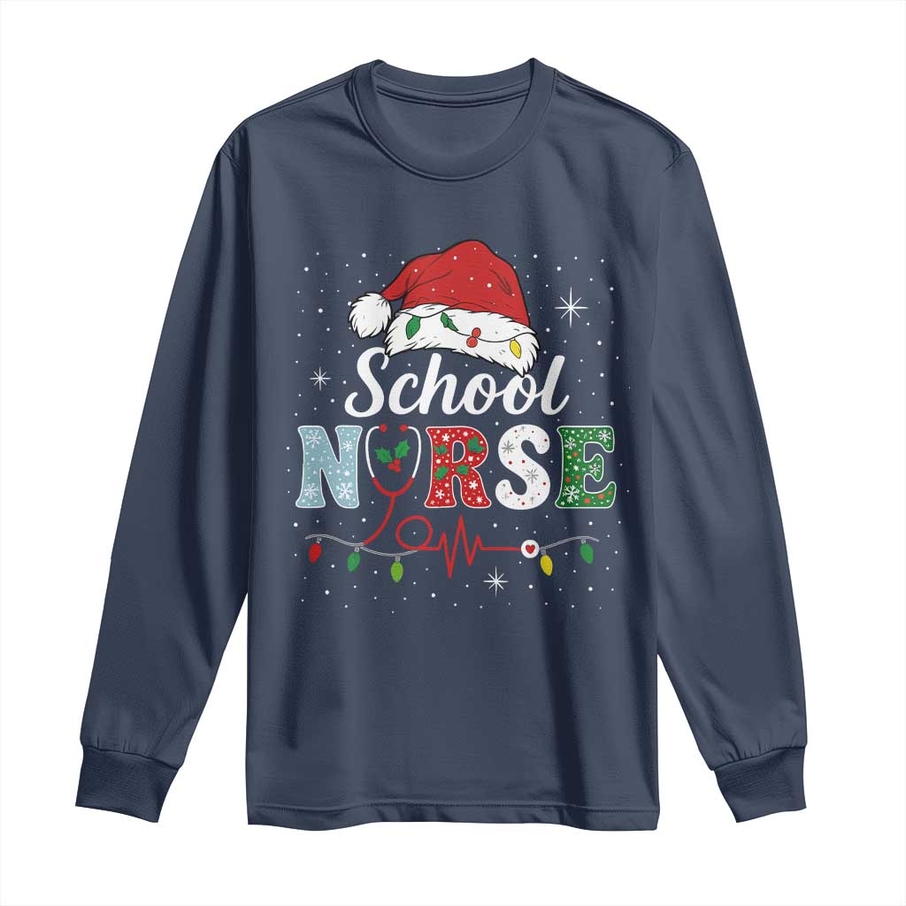 Christmas School Nurse Long Sleeve Shirt Xmas Lights Red Santa Hat Crew Nurse - Wonder Print Shop