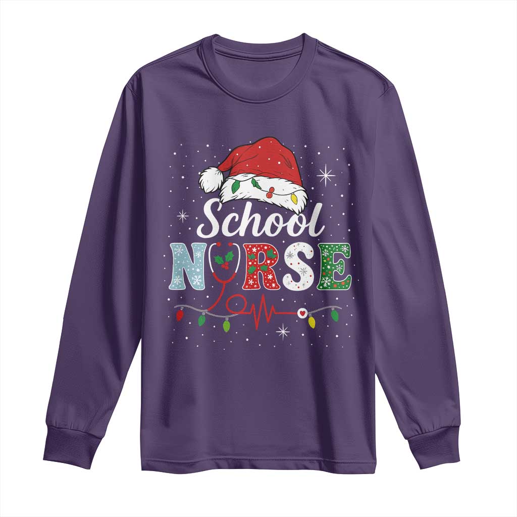 Christmas School Nurse Long Sleeve Shirt Xmas Lights Red Santa Hat Crew Nurse - Wonder Print Shop