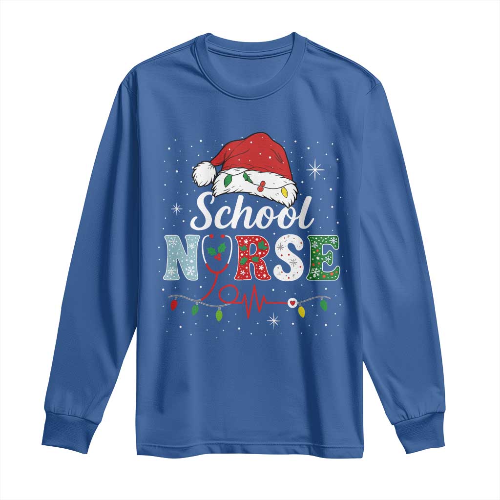 Christmas School Nurse Long Sleeve Shirt Xmas Lights Red Santa Hat Crew Nurse - Wonder Print Shop