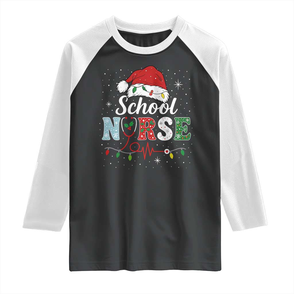 Christmas School Nurse Raglan Shirt Xmas Lights Red Santa Hat Crew Nurse - Wonder Print Shop
