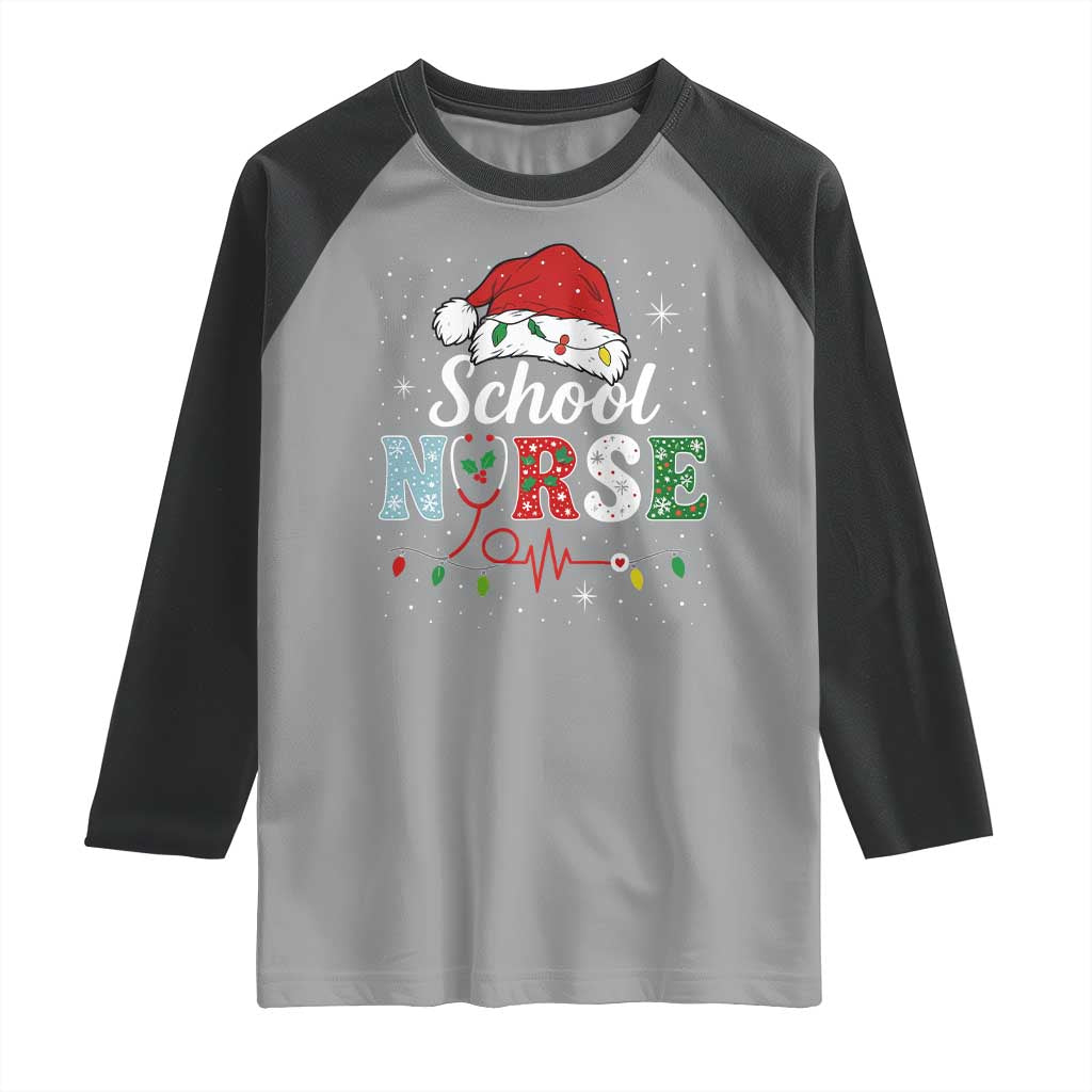 Christmas School Nurse Raglan Shirt Xmas Lights Red Santa Hat Crew Nurse - Wonder Print Shop