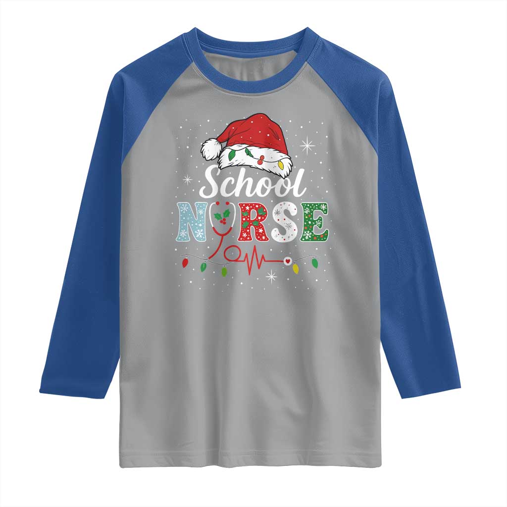 Christmas School Nurse Raglan Shirt Xmas Lights Red Santa Hat Crew Nurse - Wonder Print Shop