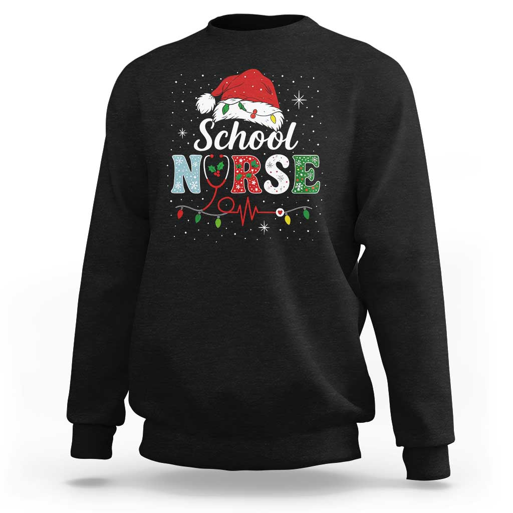 Christmas School Nurse Sweatshirt Xmas Lights Red Santa Hat Crew Nurse - Wonder Print Shop