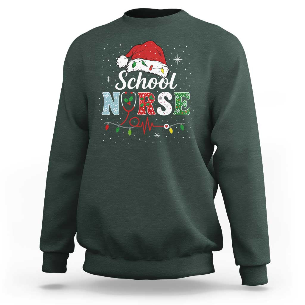Christmas School Nurse Sweatshirt Xmas Lights Red Santa Hat Crew Nurse - Wonder Print Shop