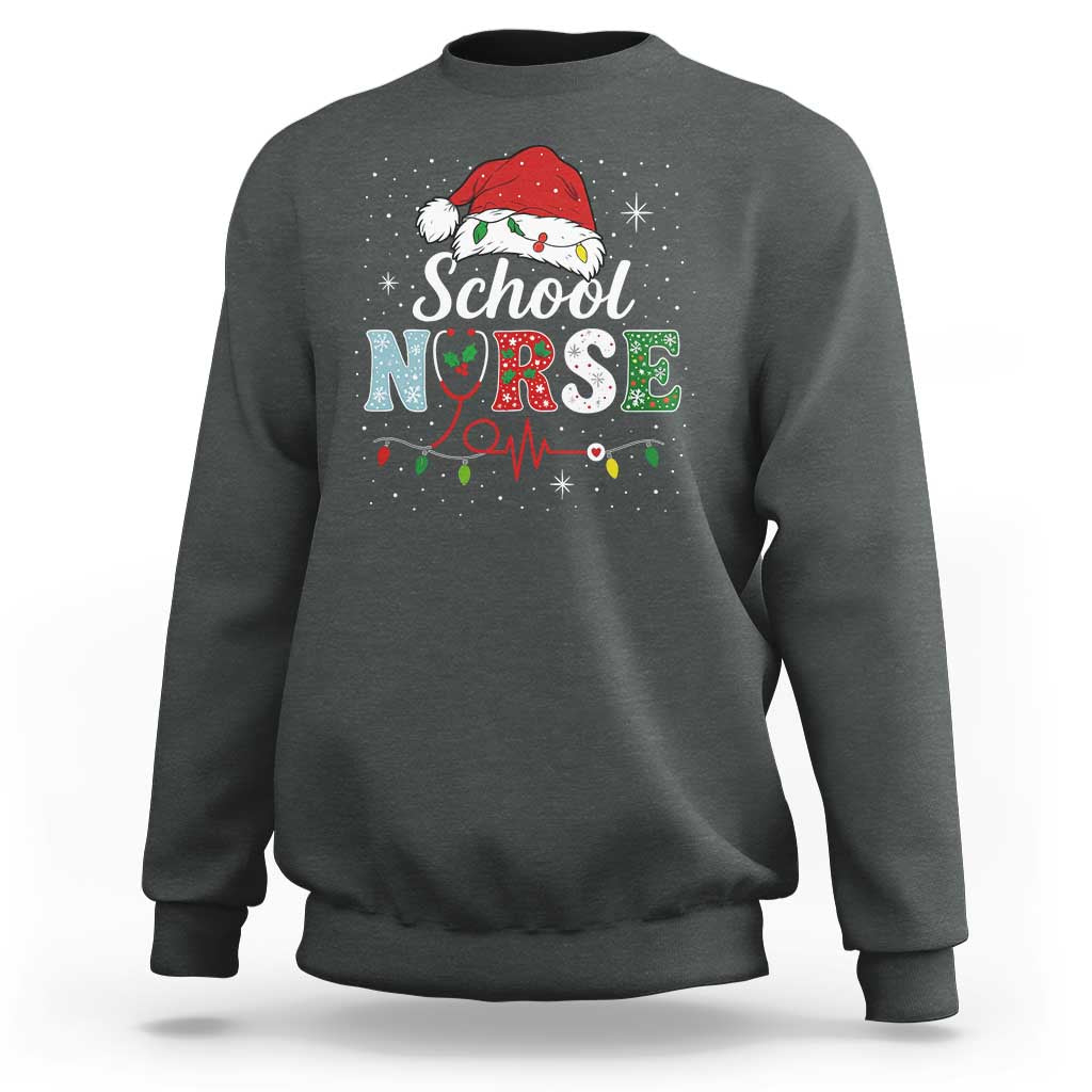 Christmas School Nurse Sweatshirt Xmas Lights Red Santa Hat Crew Nurse - Wonder Print Shop