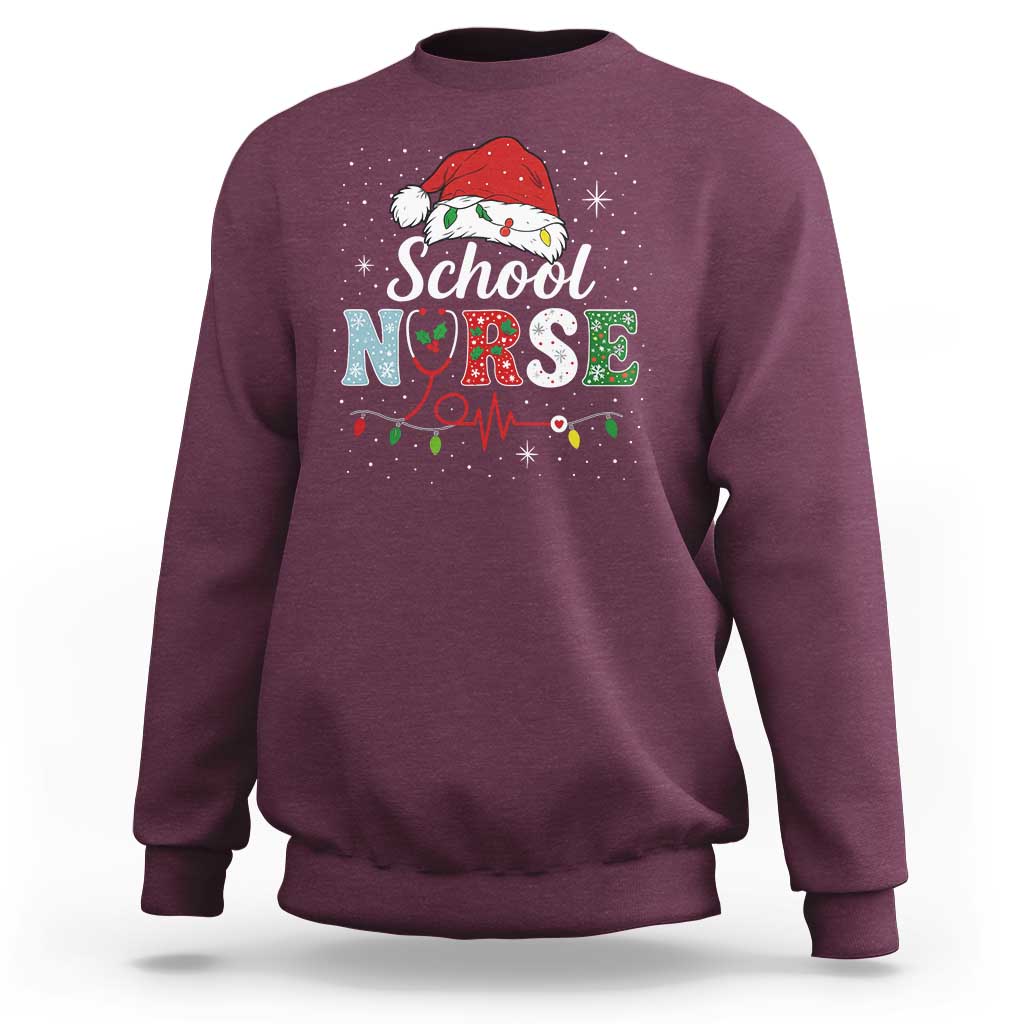 Christmas School Nurse Sweatshirt Xmas Lights Red Santa Hat Crew Nurse - Wonder Print Shop