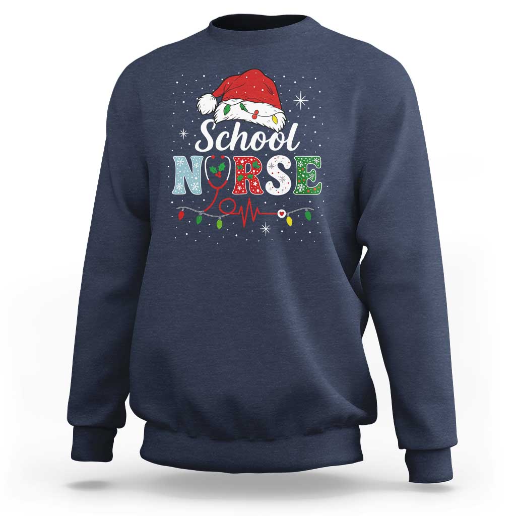 Christmas School Nurse Sweatshirt Xmas Lights Red Santa Hat Crew Nurse - Wonder Print Shop