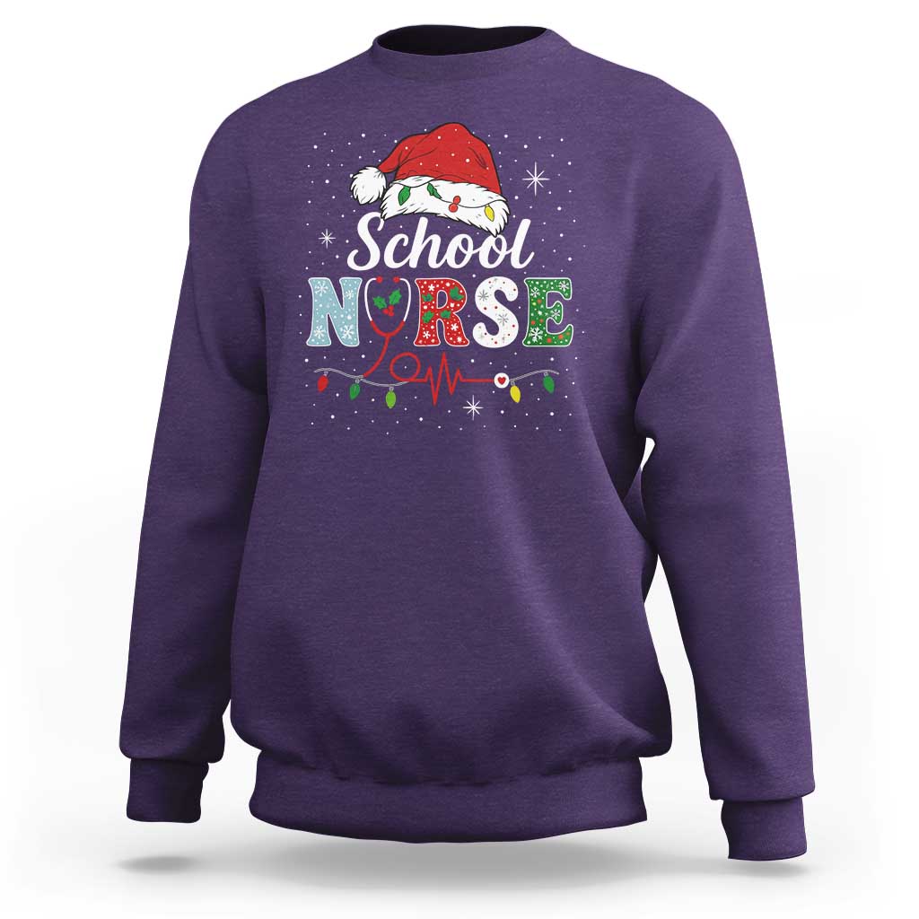 Christmas School Nurse Sweatshirt Xmas Lights Red Santa Hat Crew Nurse - Wonder Print Shop